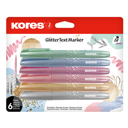 Zvýrazňovač Kores Glitter Text Marker sada 6ks
