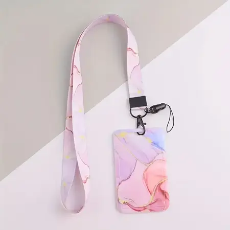 Šňůrka na krk s karabinou a poutkem, pouzdro na kartu růžový mramor 