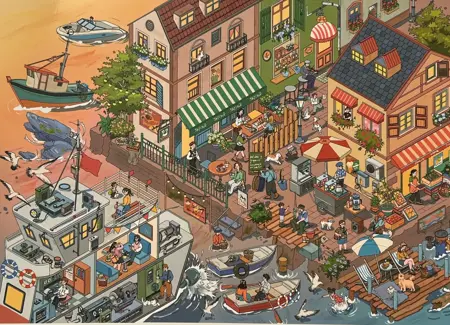 Sada samolepek – Přístavní městečko (3 archy + 1 scéna, 22 × 35 cm)