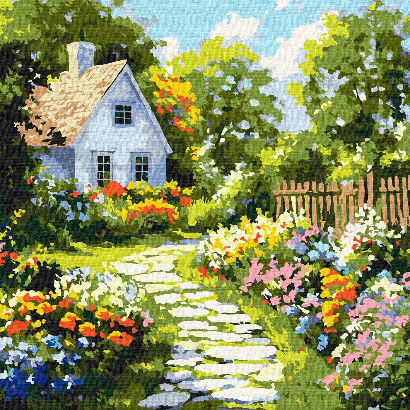 Malování podle čísel 40×40 cm Květiny u chatrče - fotografie 1