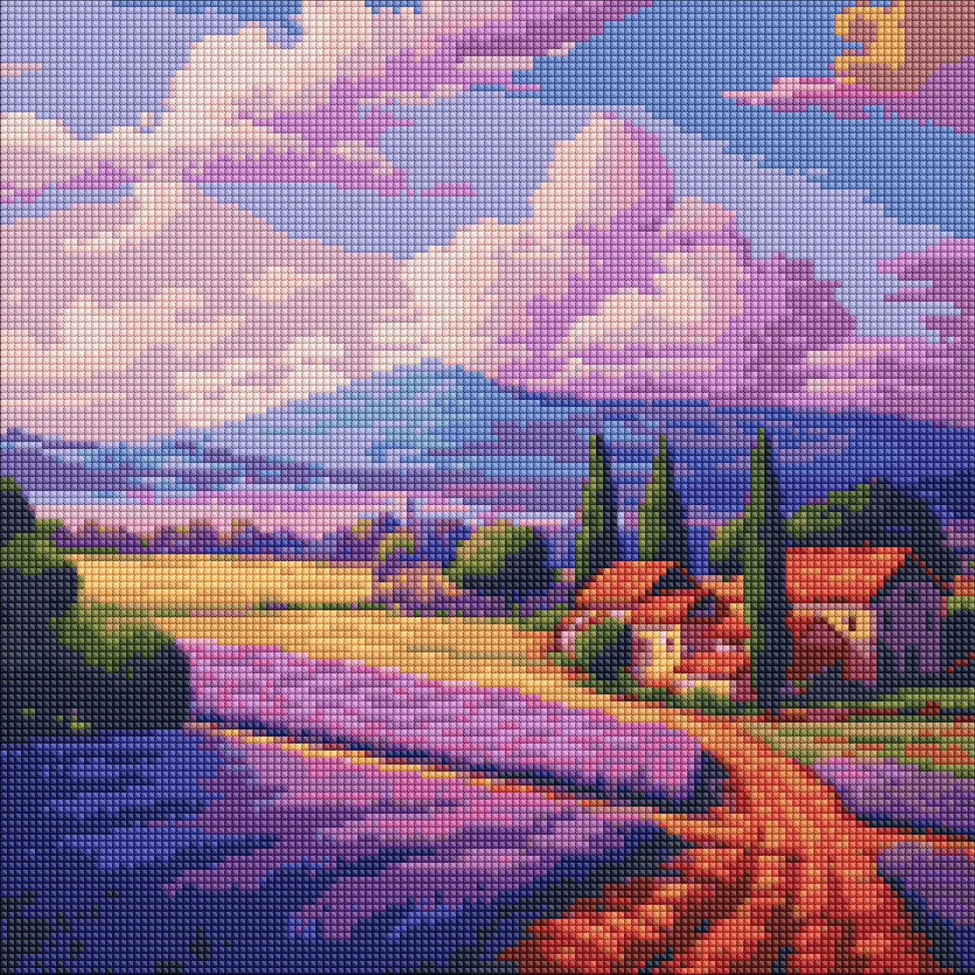 Diamantová mozaika 40×40 cm – kreativní sada s třpytivými kamínky  Levandulové pole  - fotografie 1