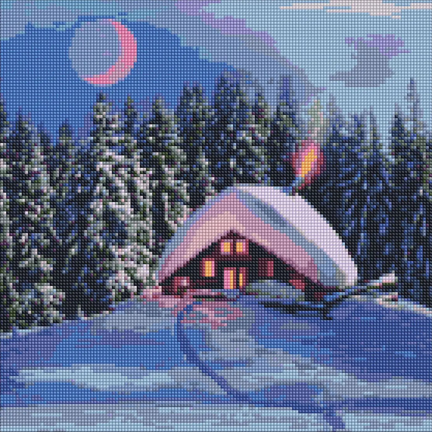 Diamantová mozaika 40×40 cm – kreativní sada s třpytivými kamínky  Zasněžená chata - fotografie 1