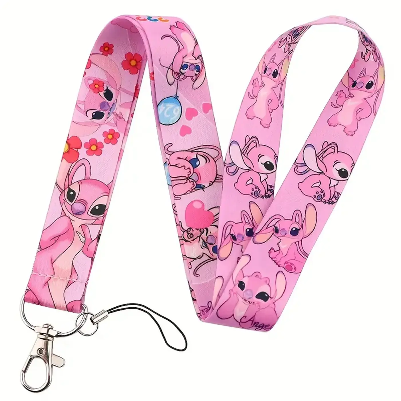 Šňůrka na krk s karabinou a potiskem Stitch  pink - fotografie 1