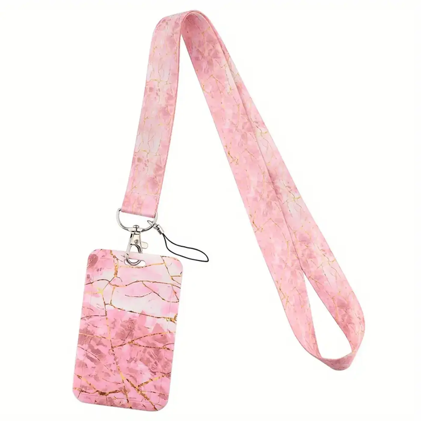 Šňůrka na krk s karabinou a poutkem, pouzdro na kartu  Mramor pink - fotografie 1