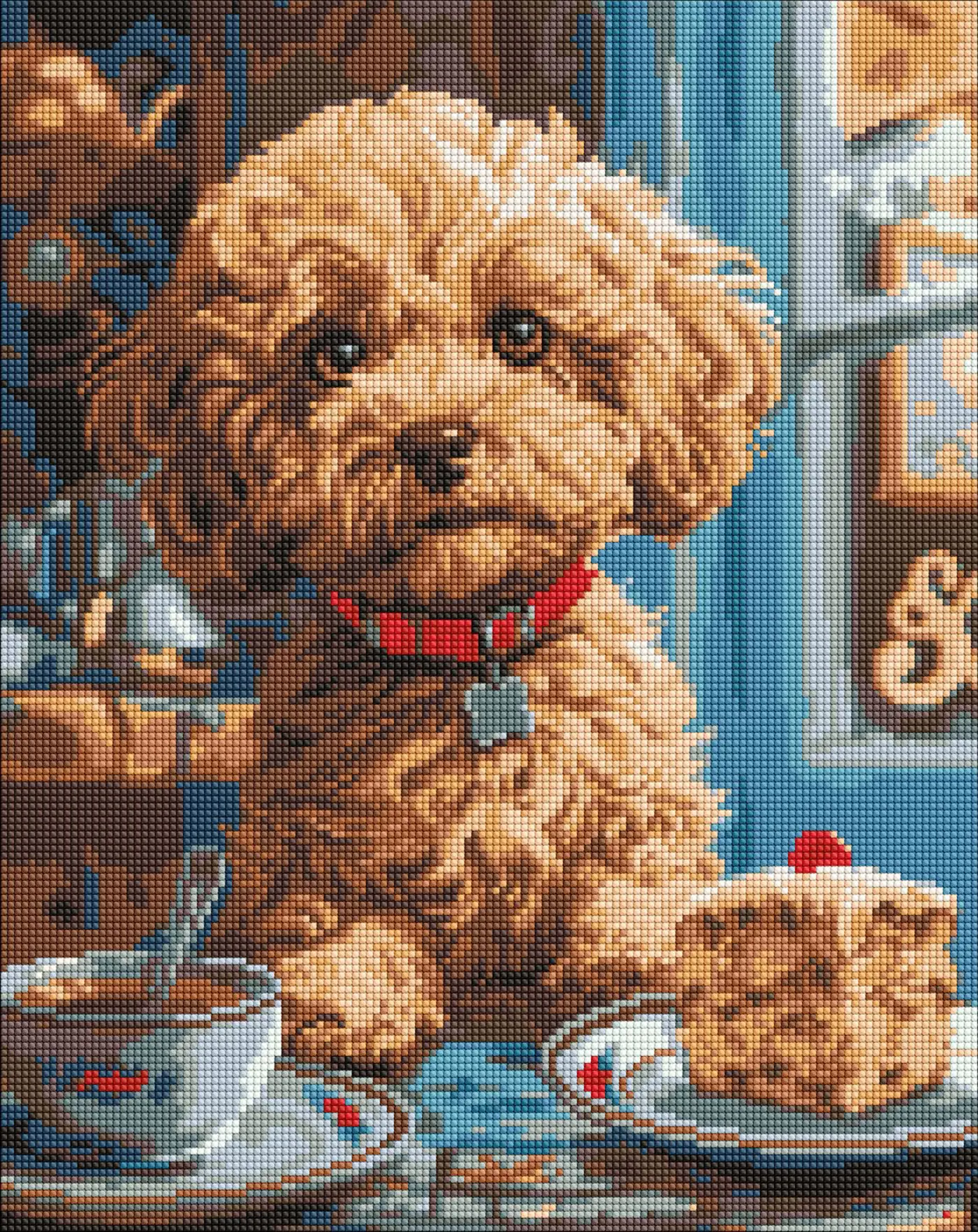Diamantová mozaika 40×50 cm – kreativní sada s barevnými kamínky  Maltipoo v kavárně  - fotografie 1