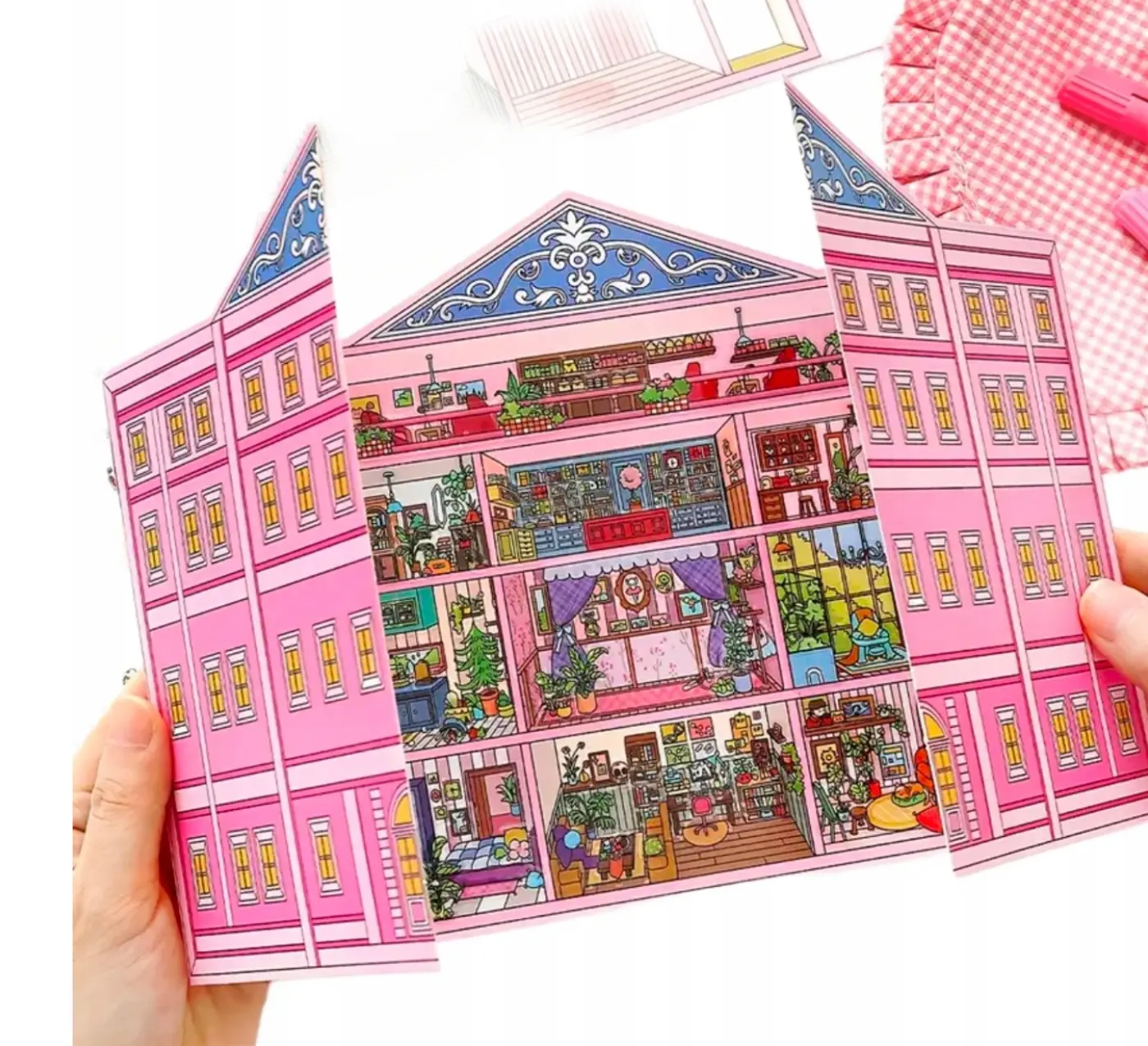 Kreativní antistresové vylepovačky – skládací rumbox Pink Mansion, 1 velká scéna + 3 archy PET samolepek - fotografie 1