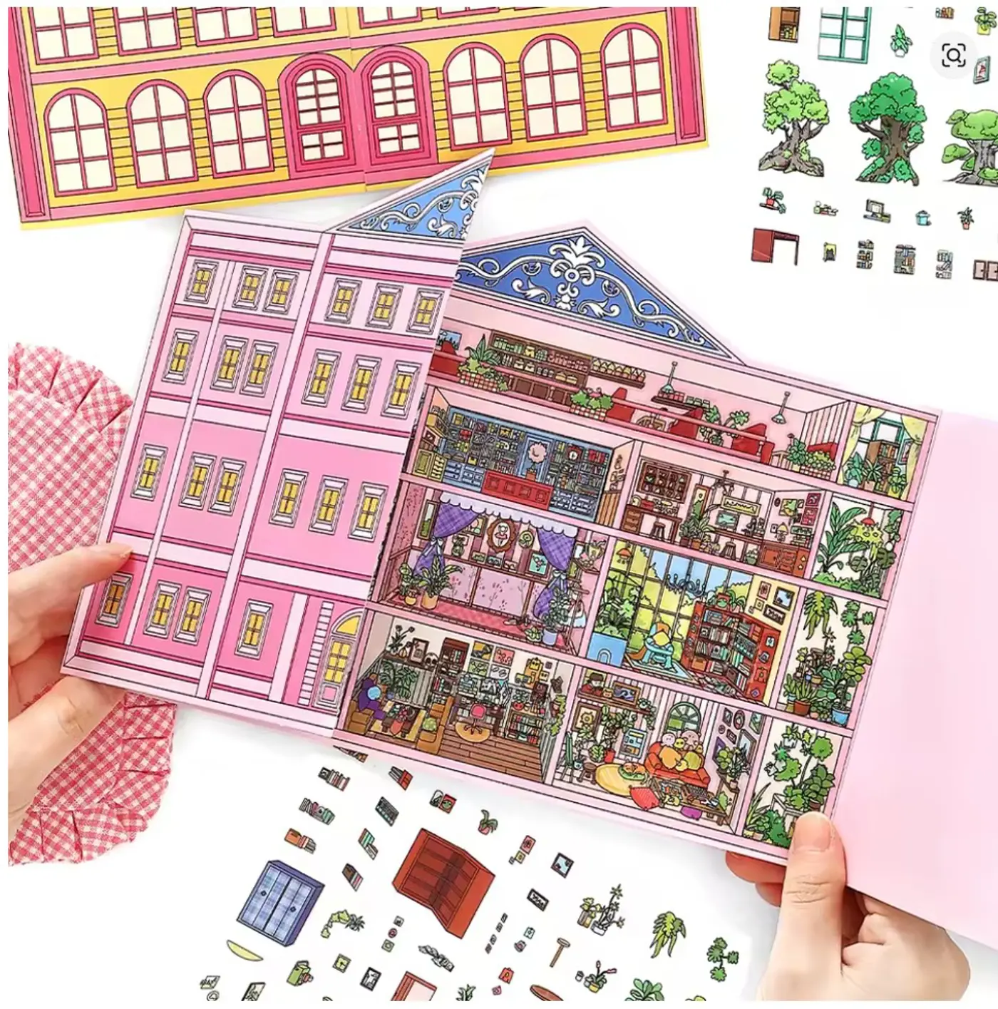 Kreativní antistresové vylepovačky – skládací rumbox Pink Mansion, 1 velká scéna + 3 archy PET samolepek - fotografie 2