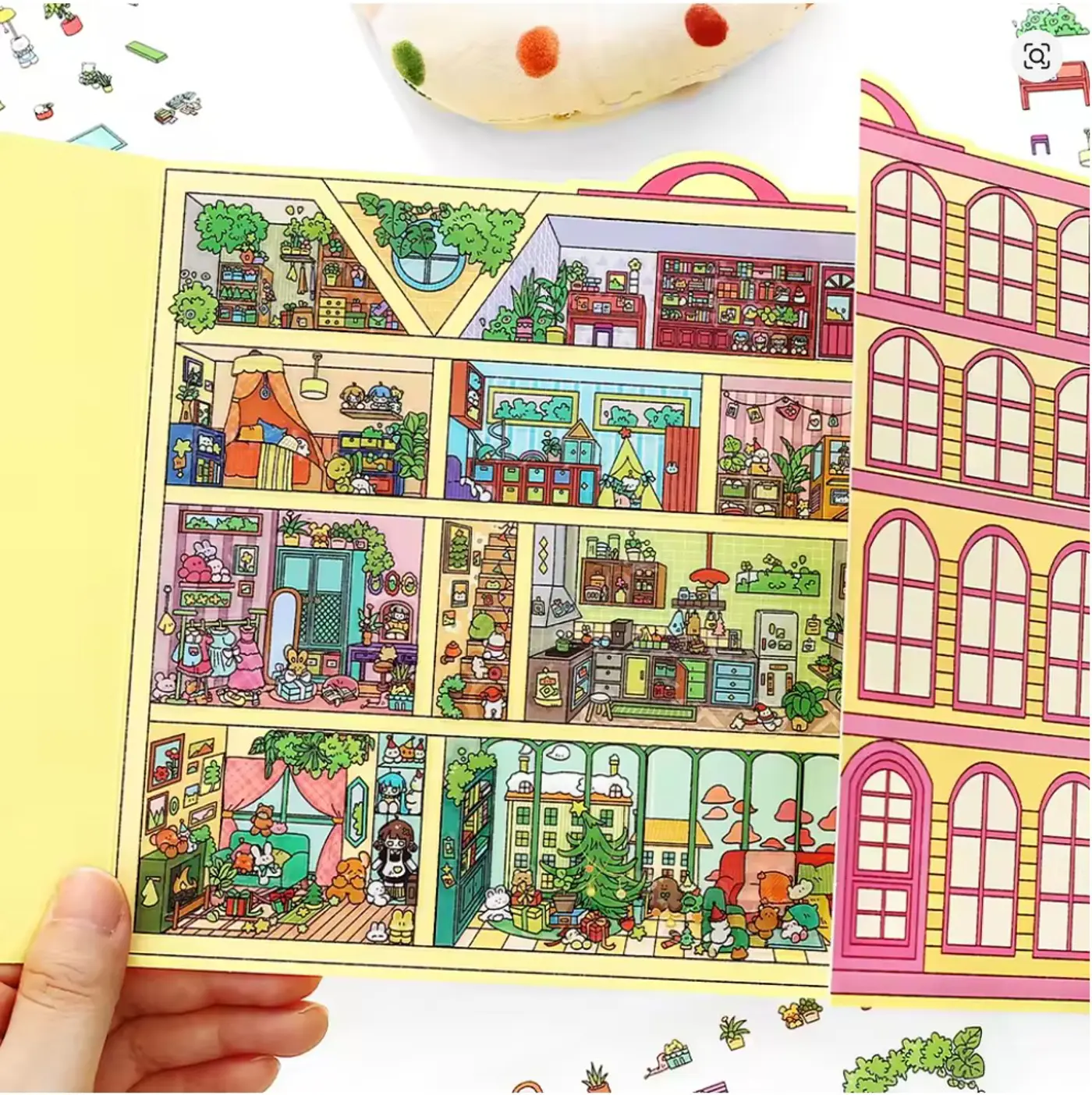 Kreativní antistresové vylepovačky – skládací rumbox Doll Apartment, 1 velká scéna + 3 archy PET samolepek - fotografie 1
