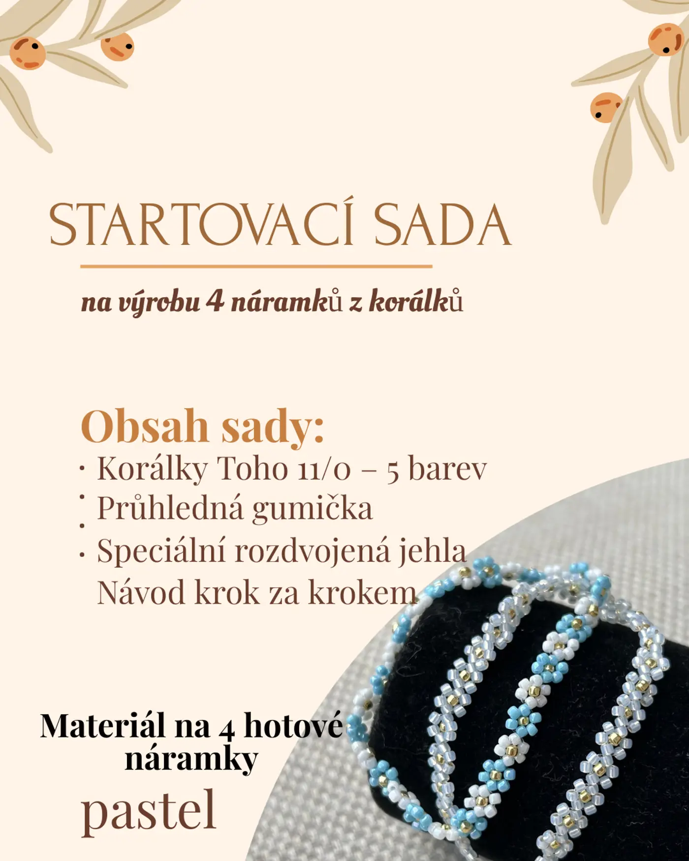 Startovací sada na výrobu 4 náramků z korálků – Toho 11/0, jehla, gumička a návod (pastel) - fotografie 2