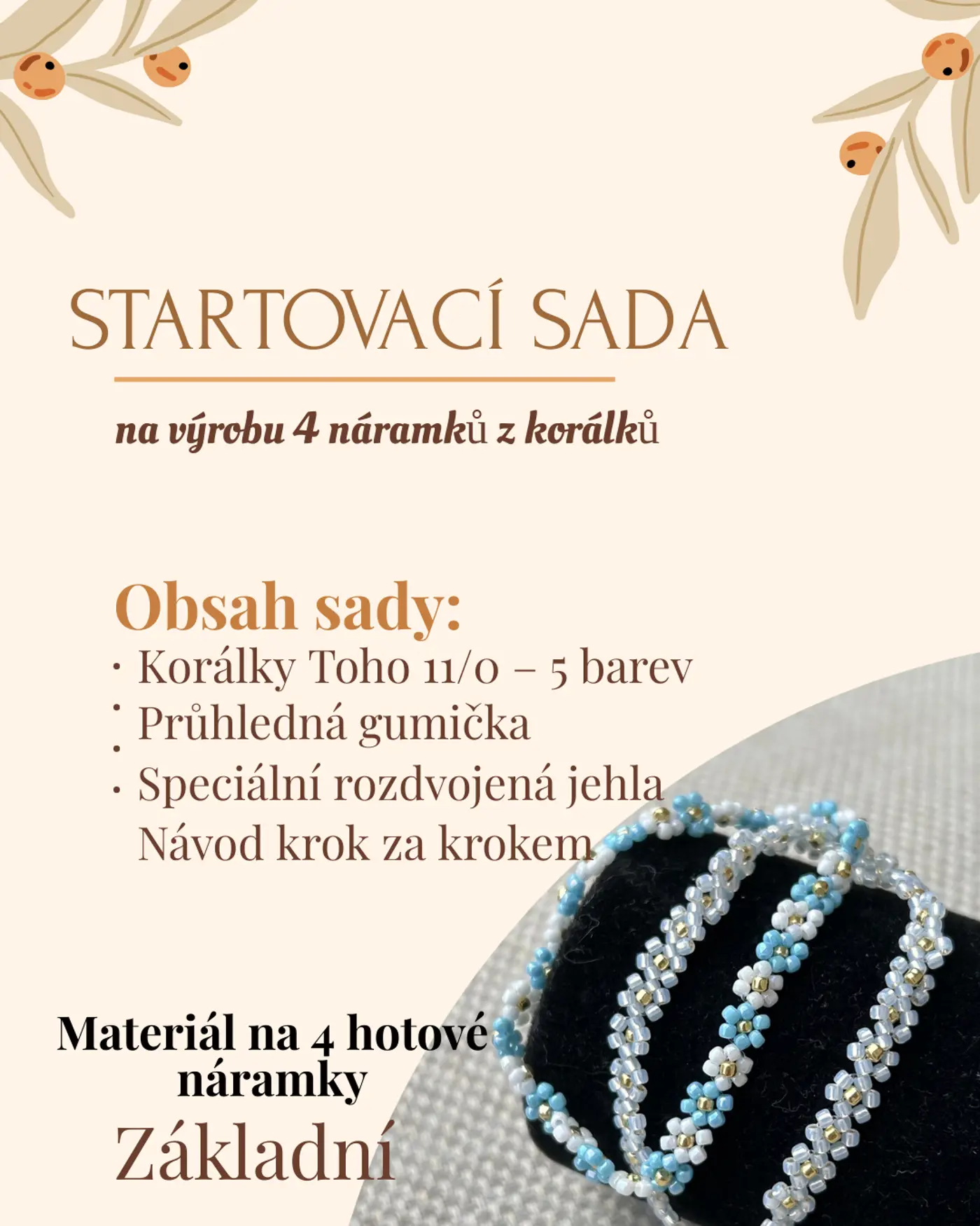Startovací sada na výrobu 4 náramků z korálků – Toho 11/0, jehla, gumička a návod (opaque) - fotografie 2