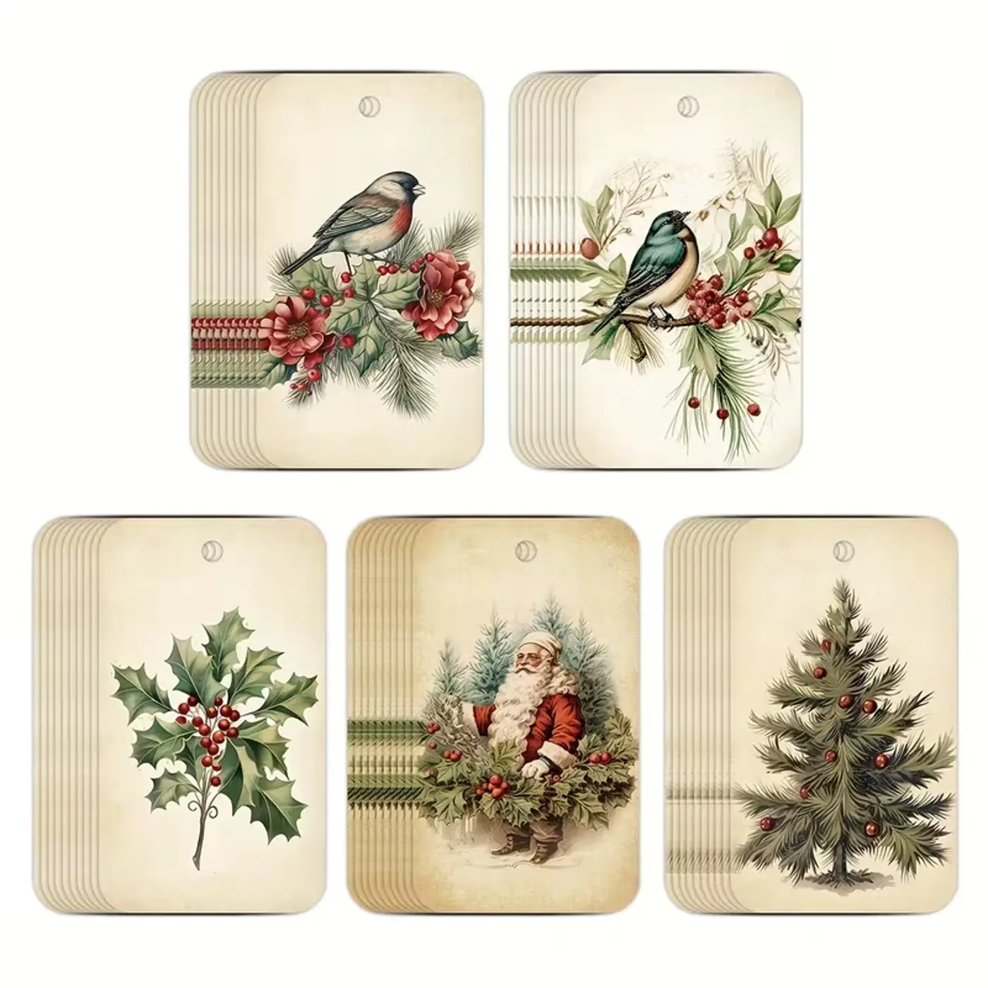 Vintage Farmhouse vánoční dárkové štítky – Santa, cesmína a ptáčci (5 ks) - fotografie 1
