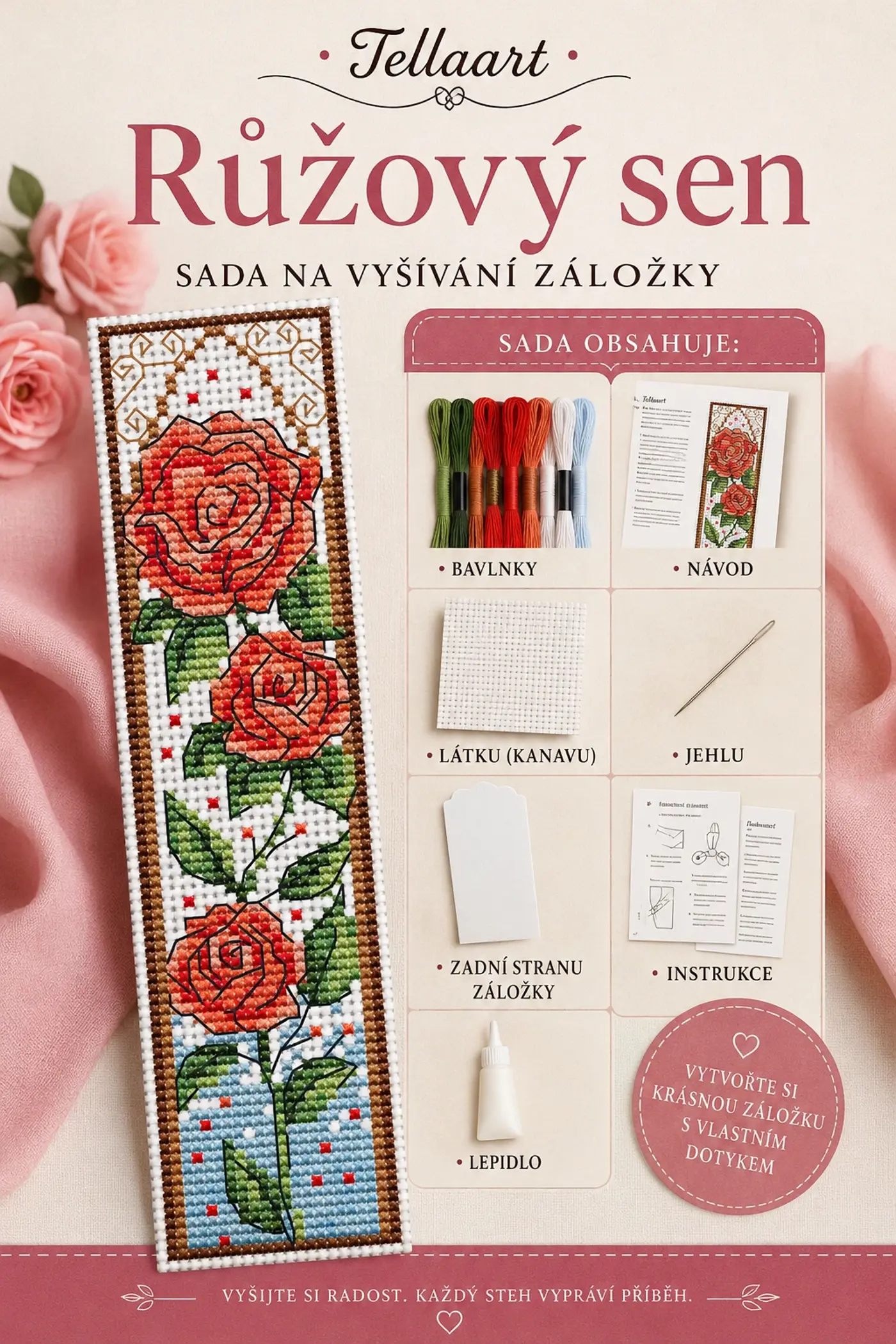 Vyšívací sada záložky „Růžový sen“ – Tellaart - fotografie 1