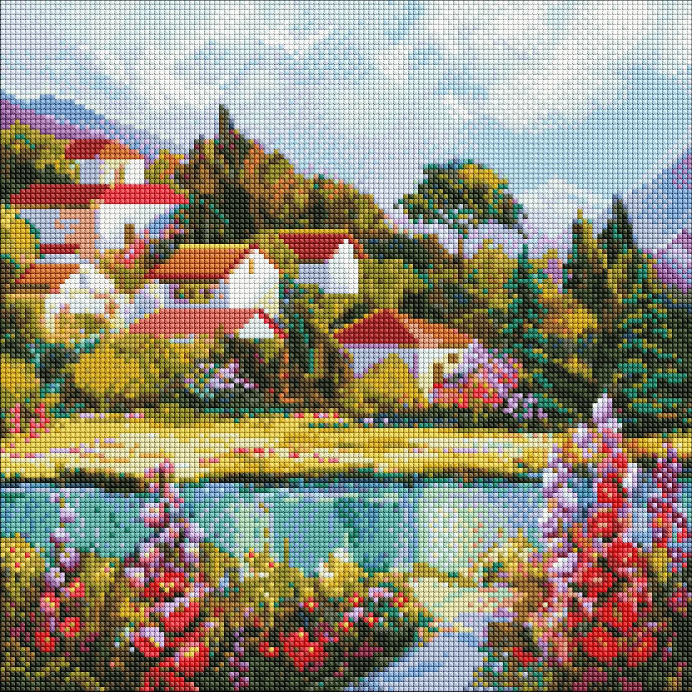 Diamantová mozaika 40×40 cm – kreativní sada s třpytivými kamínky Útulný přístav - fotografie 1