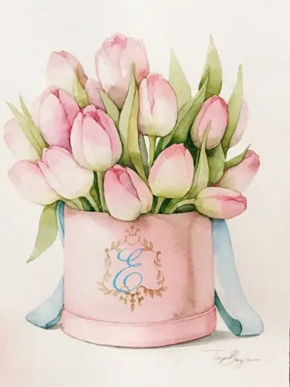 Akvarel: Jarní tulipány v krabičce (24 × 32 cm)